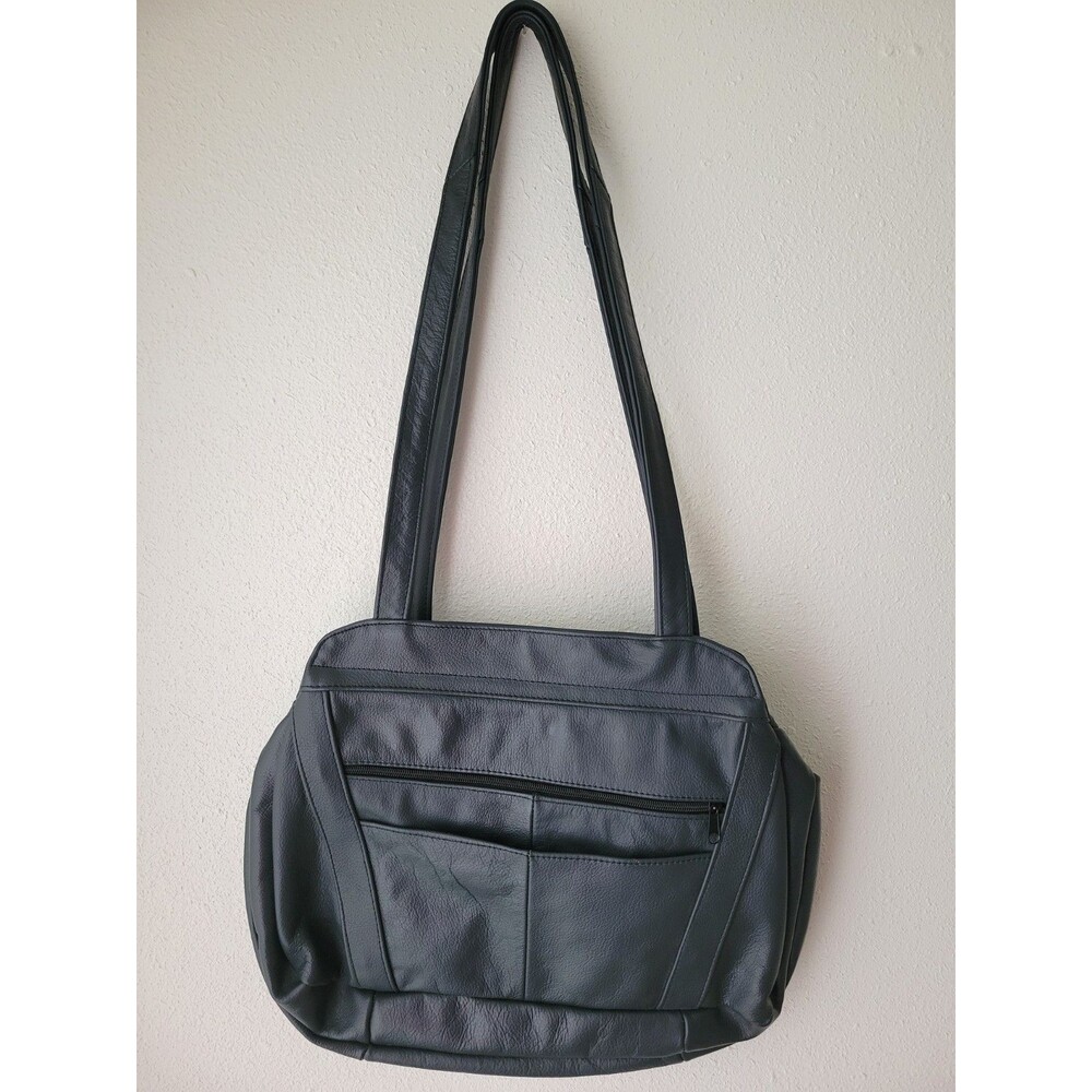 Genuine Leather Black Organizer Purse Multi Pocket Shoulder Bag Made In Mexico